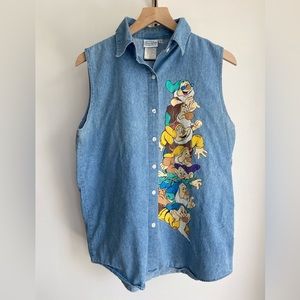 VINTAGE DISNEY • 90s Snow White & The Seven Dwarves Sleeveless Denim Button Down